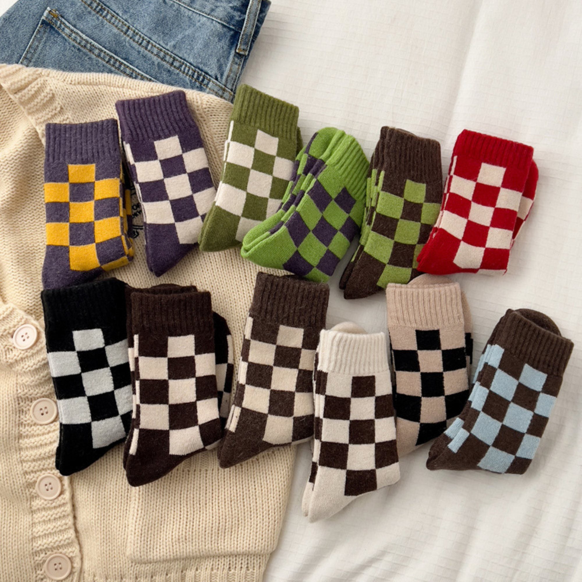 Anna-Kaci Women's 3-Pair Checkerboard Crew Socks Soft Knit Fabric Ribbed Cuff Comfortable Everyday Giftable Sock Set