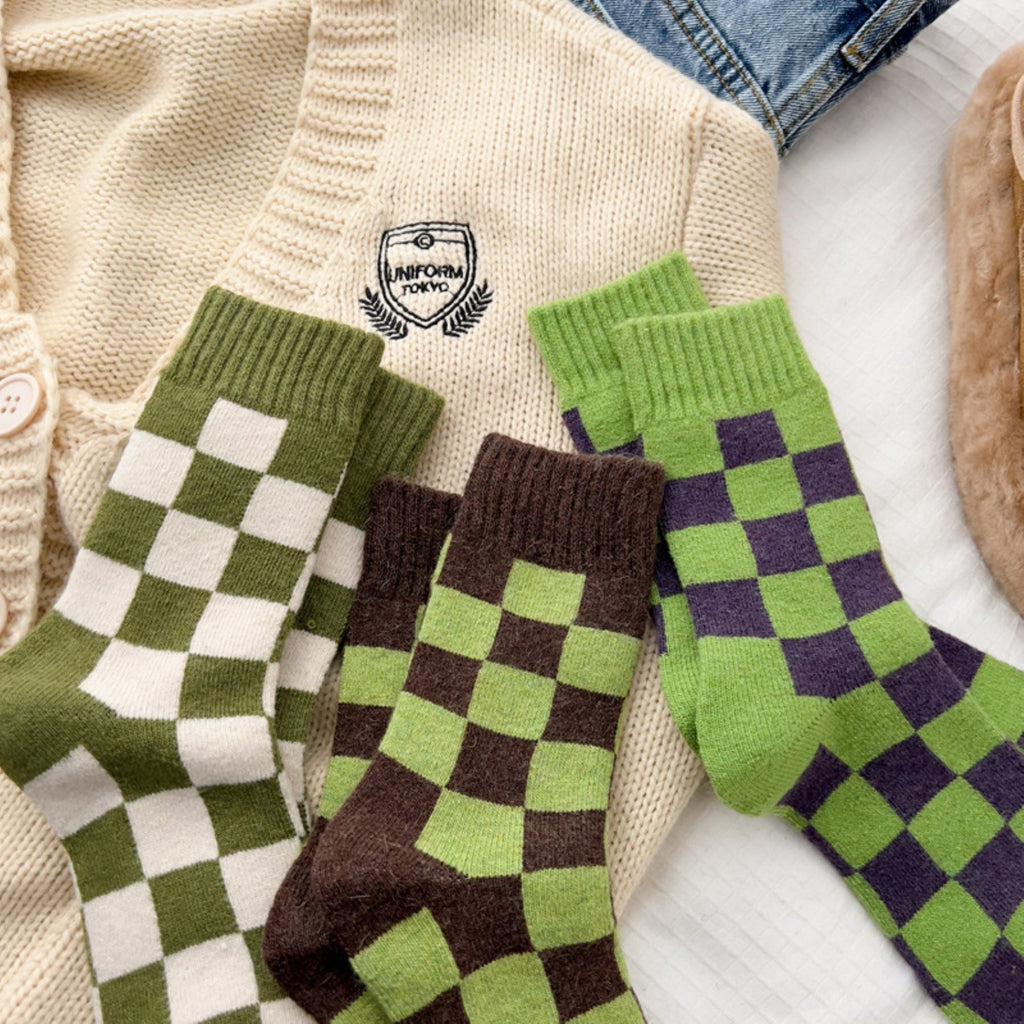 Anna-Kaci Women's 3-Pair Checkerboard Crew Socks Soft Knit Fabric Ribbed Cuff Comfortable Everyday Giftable Sock Set