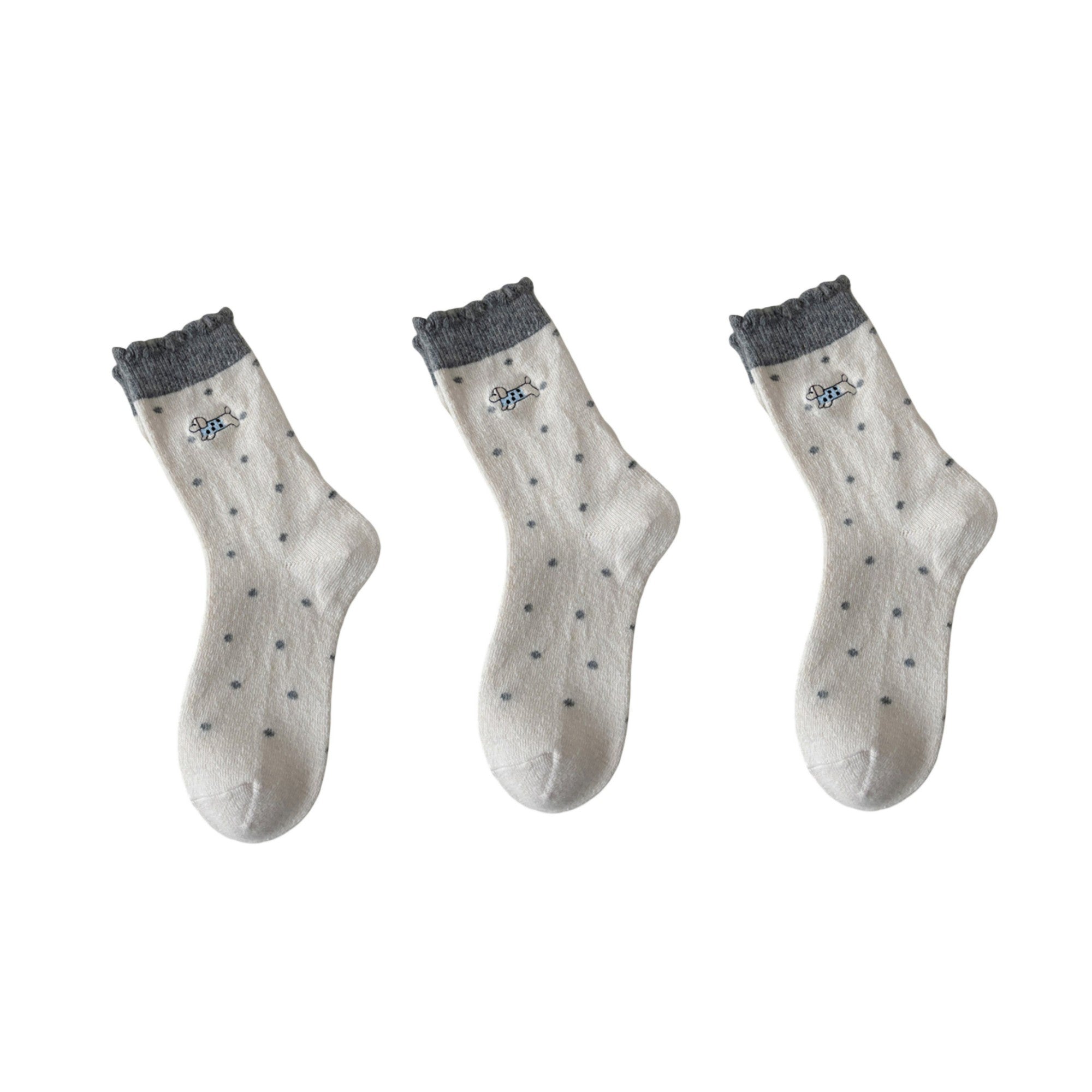 Anna-Kaci Women's 3-Pair Polka Dot Crew Socks with Embroidered Dog Detail Ruffle Cuff Soft Knit Everyday Sock Set