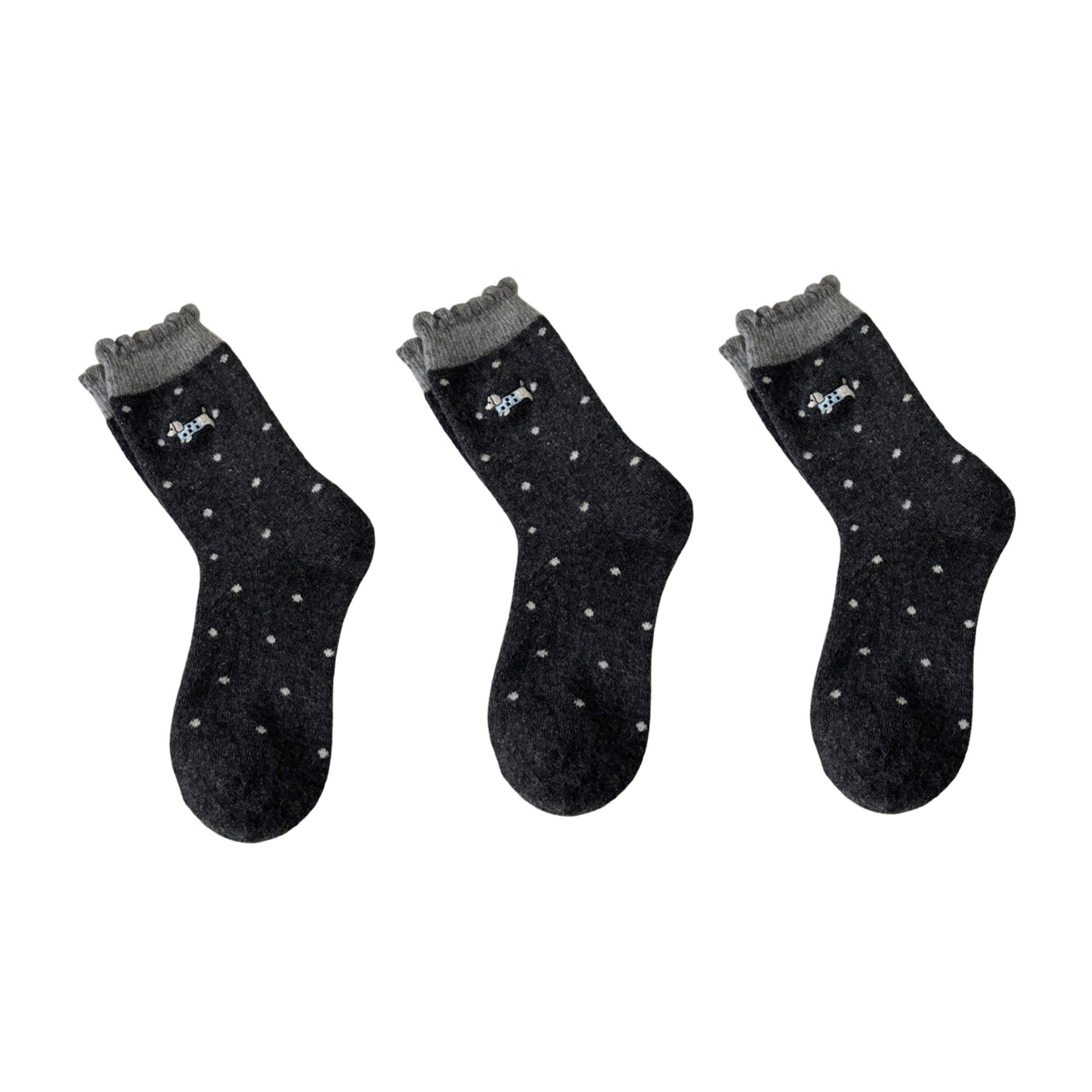 Anna-Kaci Women's 3-Pair Polka Dot Crew Socks with Embroidered Dog Detail Ruffle Cuff Soft Knit Everyday Sock Set