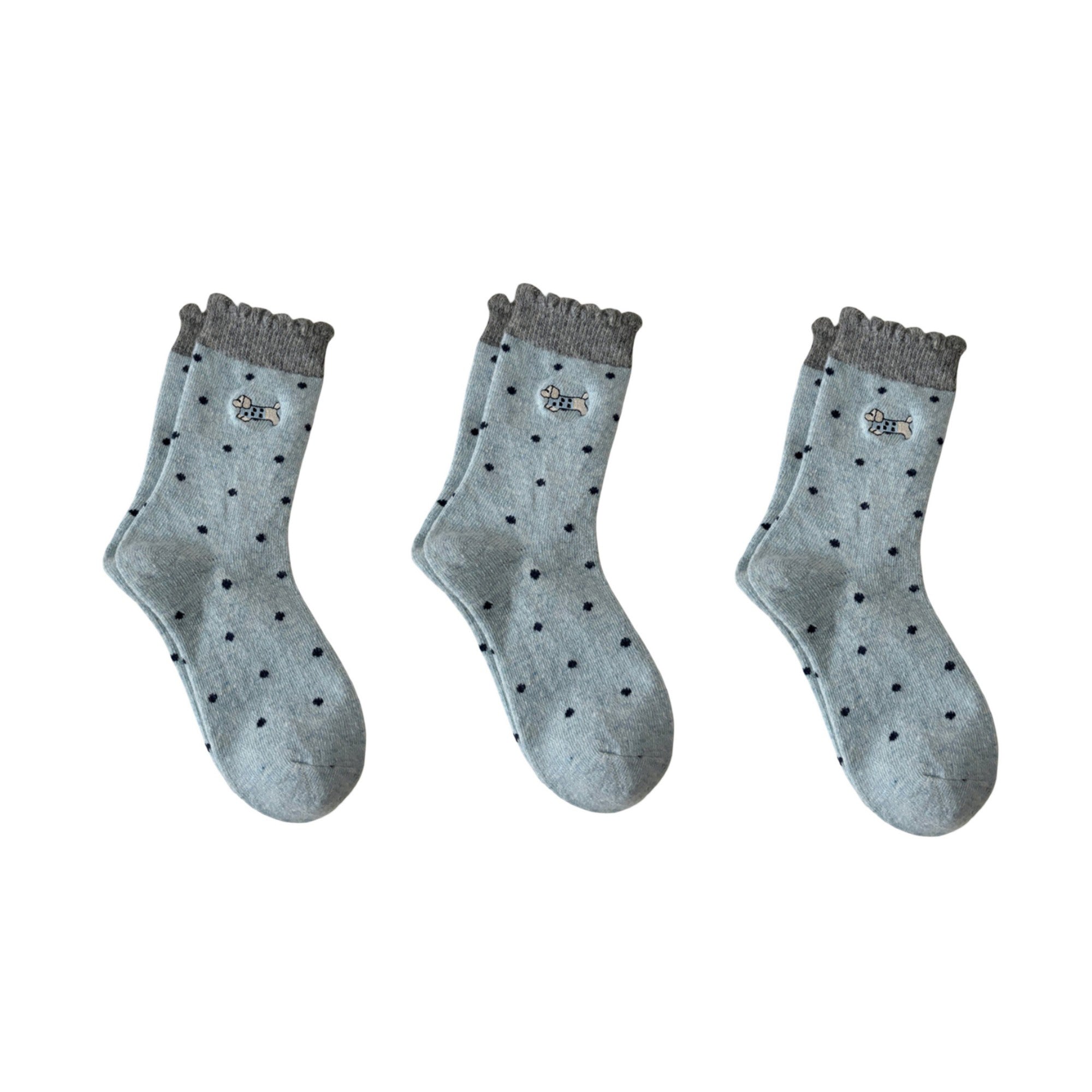 Anna-Kaci Women's 3-Pair Polka Dot Crew Socks with Embroidered Dog Detail Ruffle Cuff Soft Knit Everyday Sock Set