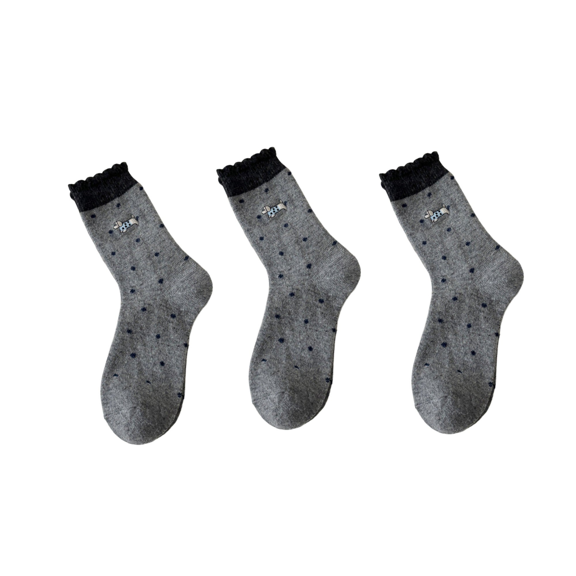 Anna-Kaci Women's 3-Pair Polka Dot Crew Socks with Embroidered Dog Detail Ruffle Cuff Soft Knit Everyday Sock Set