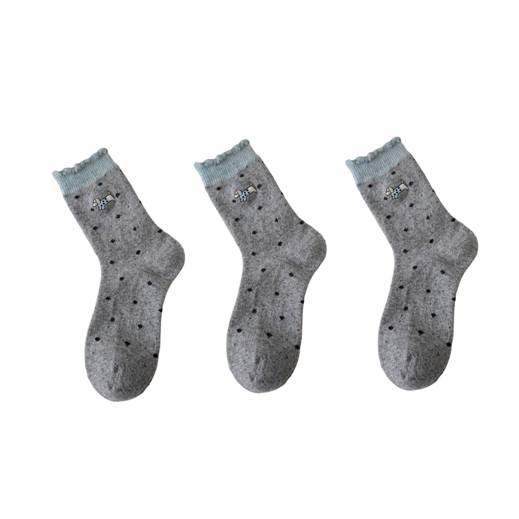 Anna-Kaci Women's 3-Pair Polka Dot Crew Socks with Embroidered Dog Detail Ruffle Cuff Soft Knit Everyday Sock Set