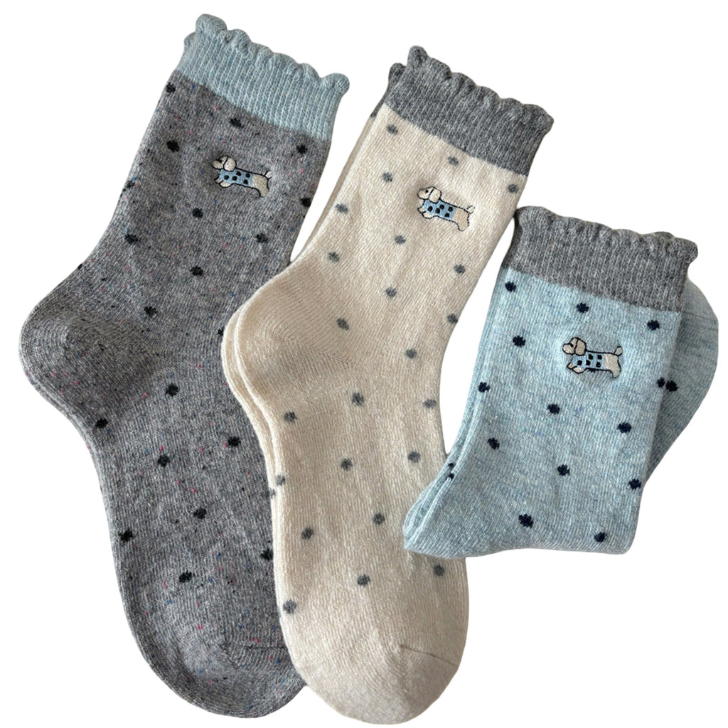 Anna-Kaci Women's 3-Pair Polka Dot Crew Socks with Embroidered Dog Detail Ruffle Cuff Soft Knit Everyday Sock Set