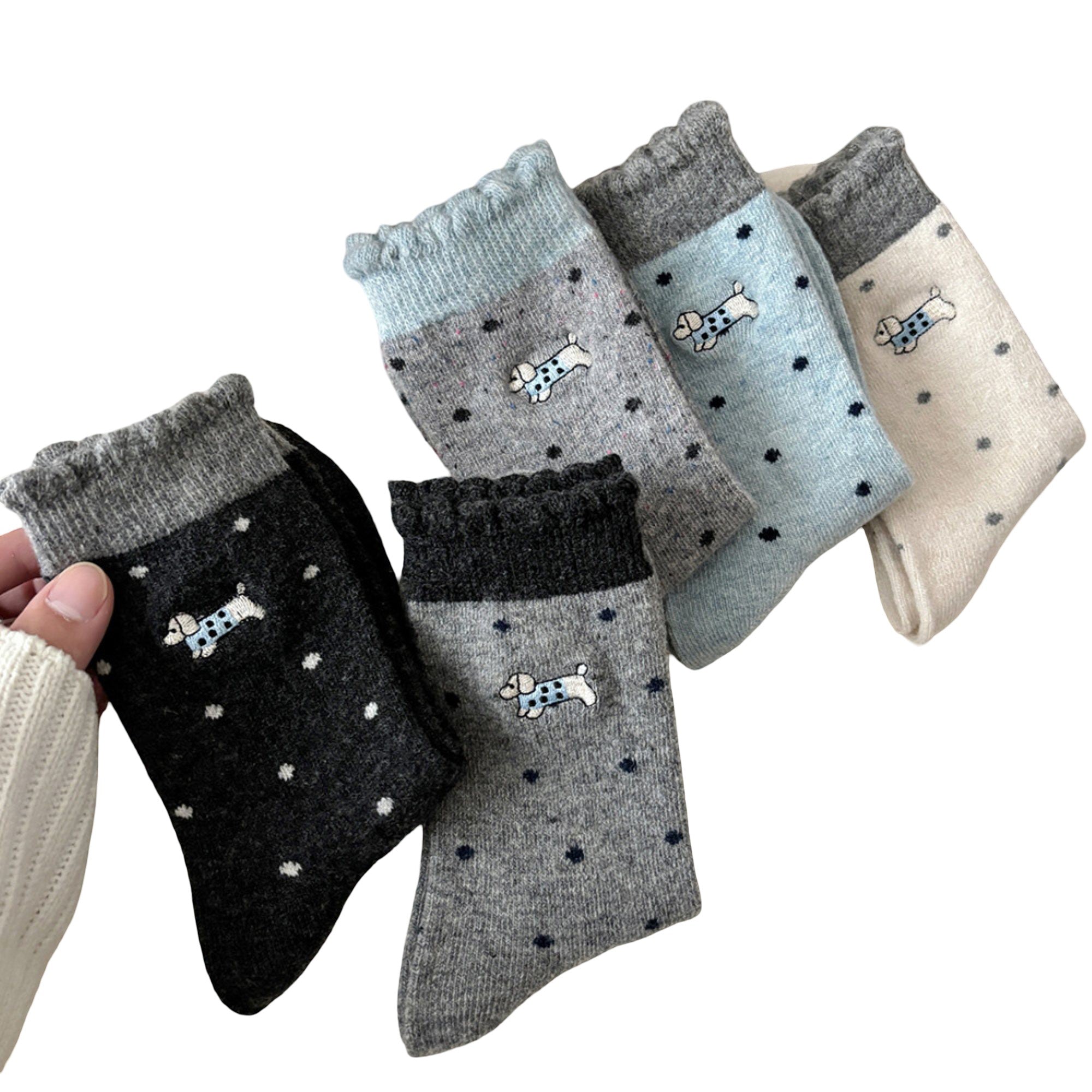 Anna-Kaci Women's 3-Pair Polka Dot Crew Socks with Embroidered Dog Detail Ruffle Cuff Soft Knit Everyday Sock Set