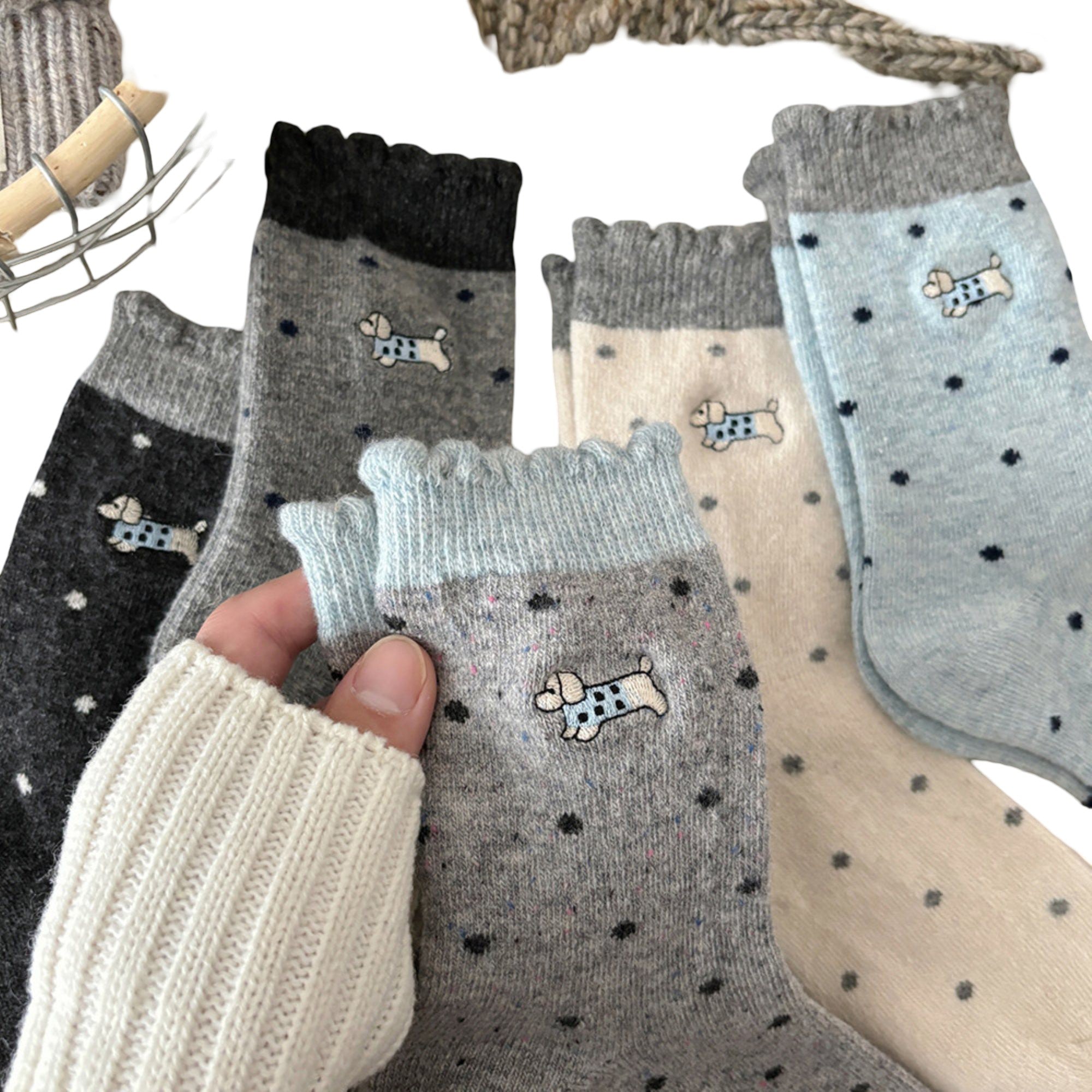 Anna-Kaci Women's 3-Pair Polka Dot Crew Socks with Embroidered Dog Detail Ruffle Cuff Soft Knit Everyday Sock Set