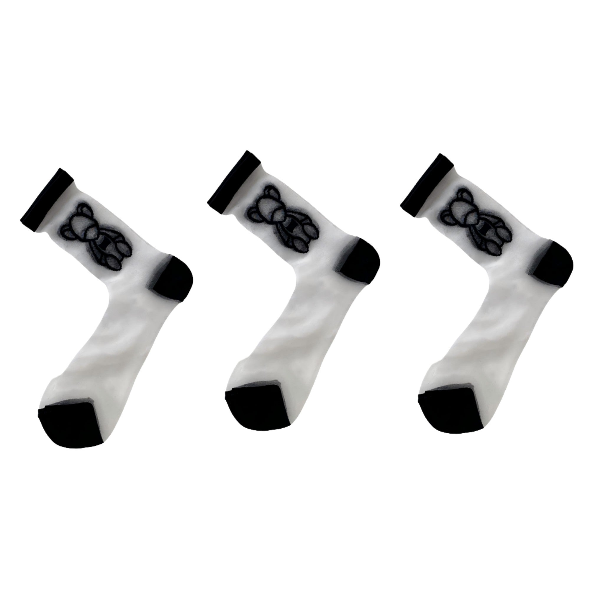 Anna-Kaci Women's 3-Pair Sheer Ankle Socks with Embroidered Bear Detail Lightweight Mesh Sock Set
