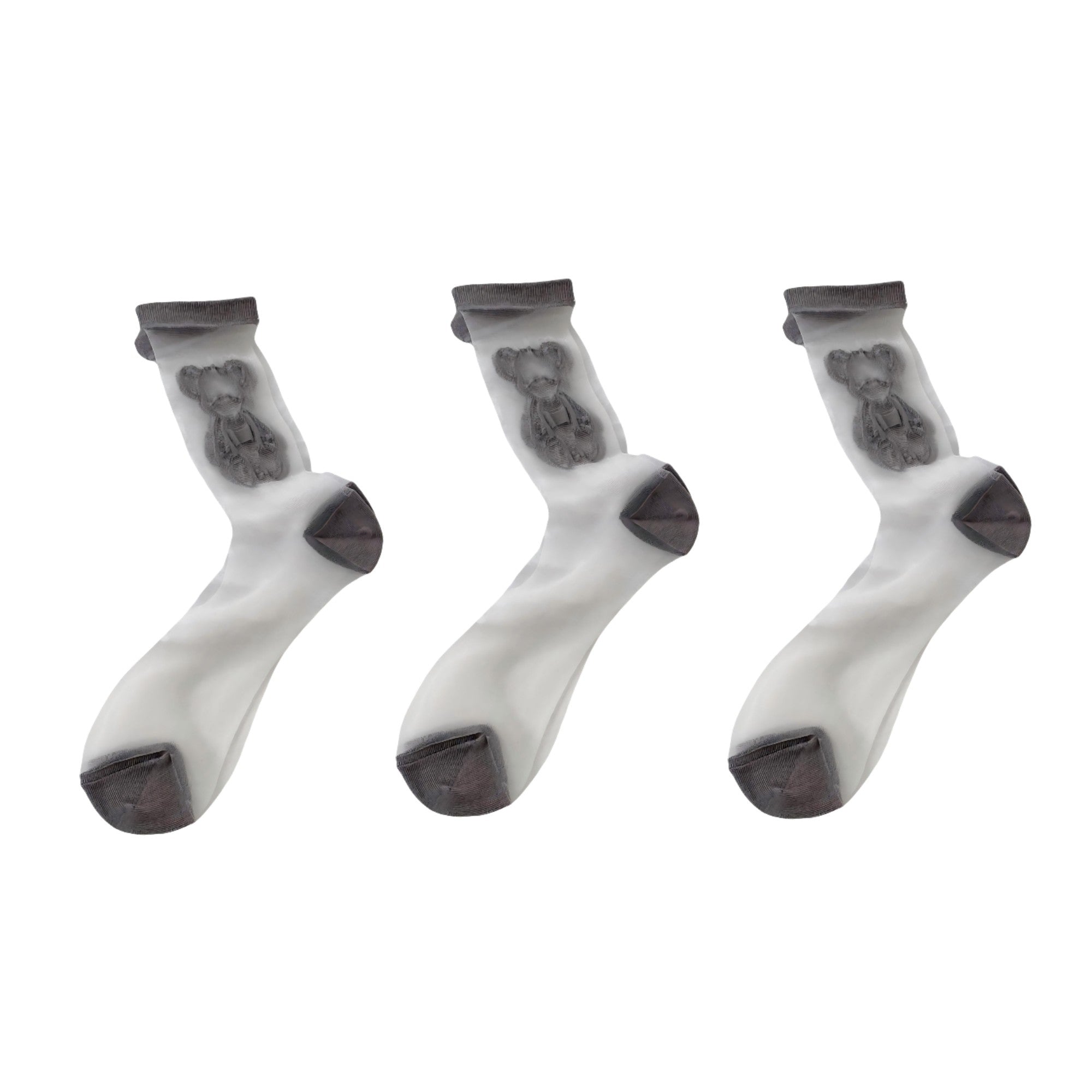 Anna-Kaci Women's 3-Pair Sheer Ankle Socks with Embroidered Bear Detail Lightweight Mesh Sock Set