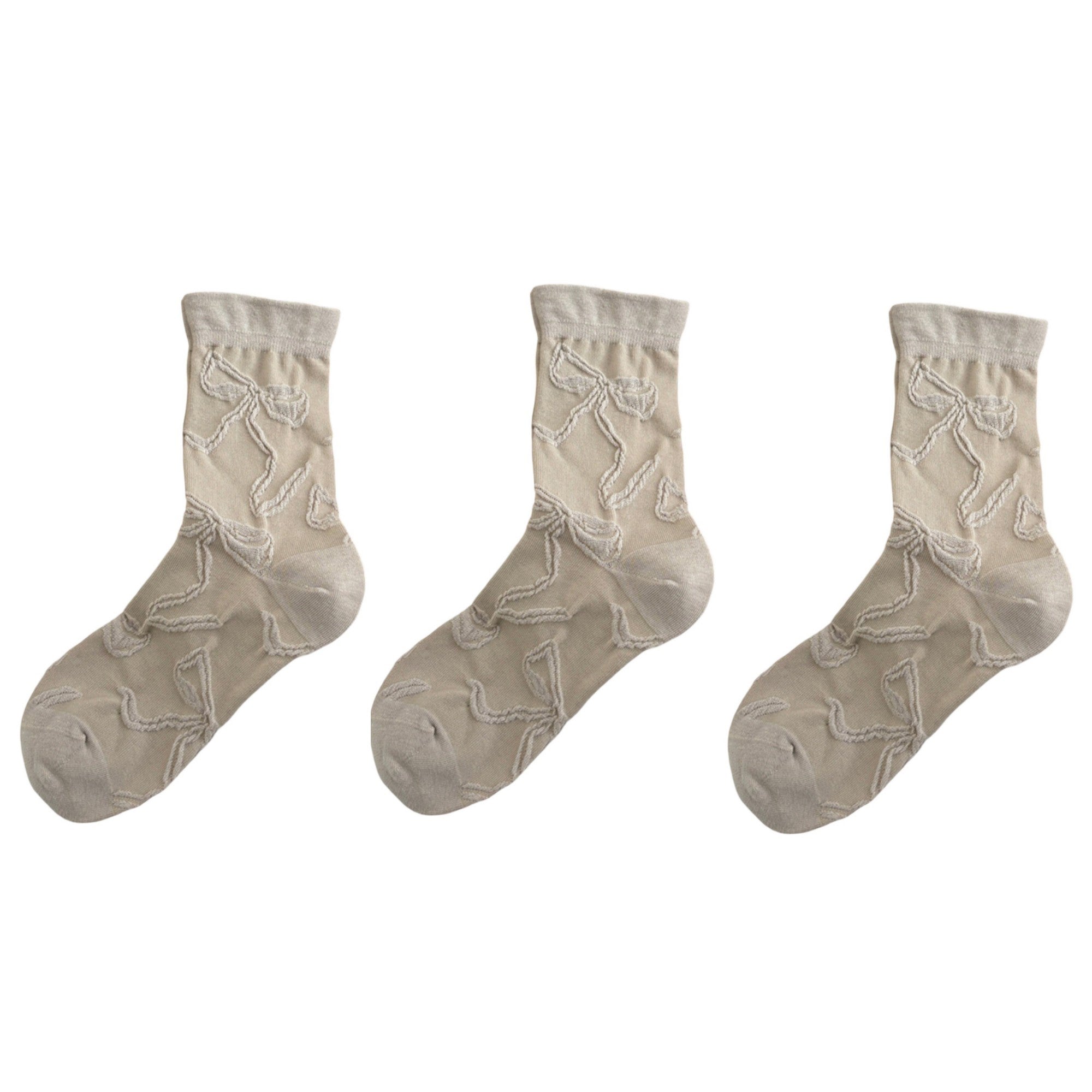Anna-Kaci Women's 3-Pair Sheer Crew Socks with Textured Bow Pattern Lightweight Mesh Everyday Sock Set