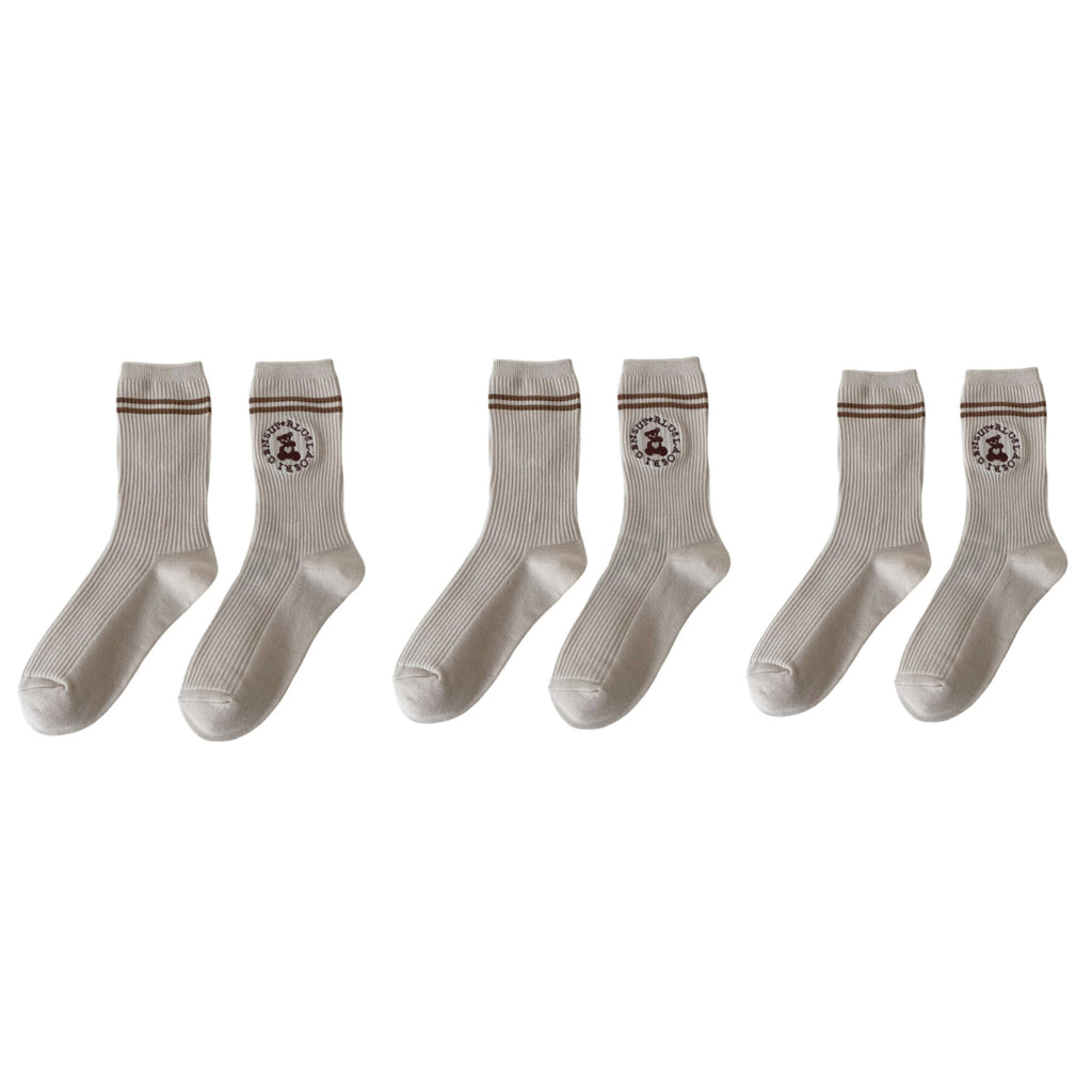 Anna-Kaci Women's 3-Pair Ribbed Crew Socks with Embroidered Teddy Graphic Stripe Detail Soft Knit Everyday Sock Set