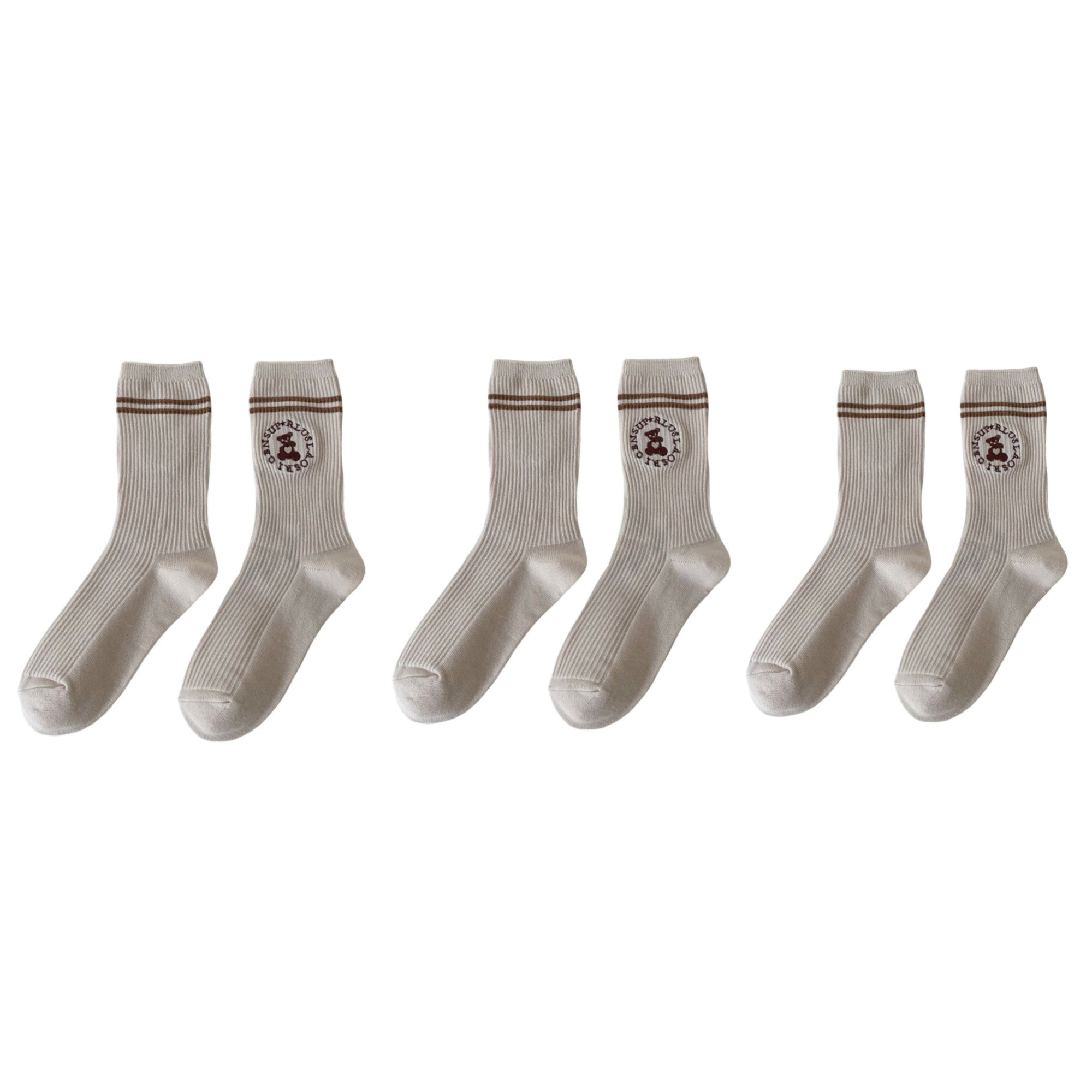 Anna-Kaci Women's 3-Pair Ribbed Crew Socks with Embroidered Teddy Graphic Stripe Detail Soft Knit Everyday Sock Set