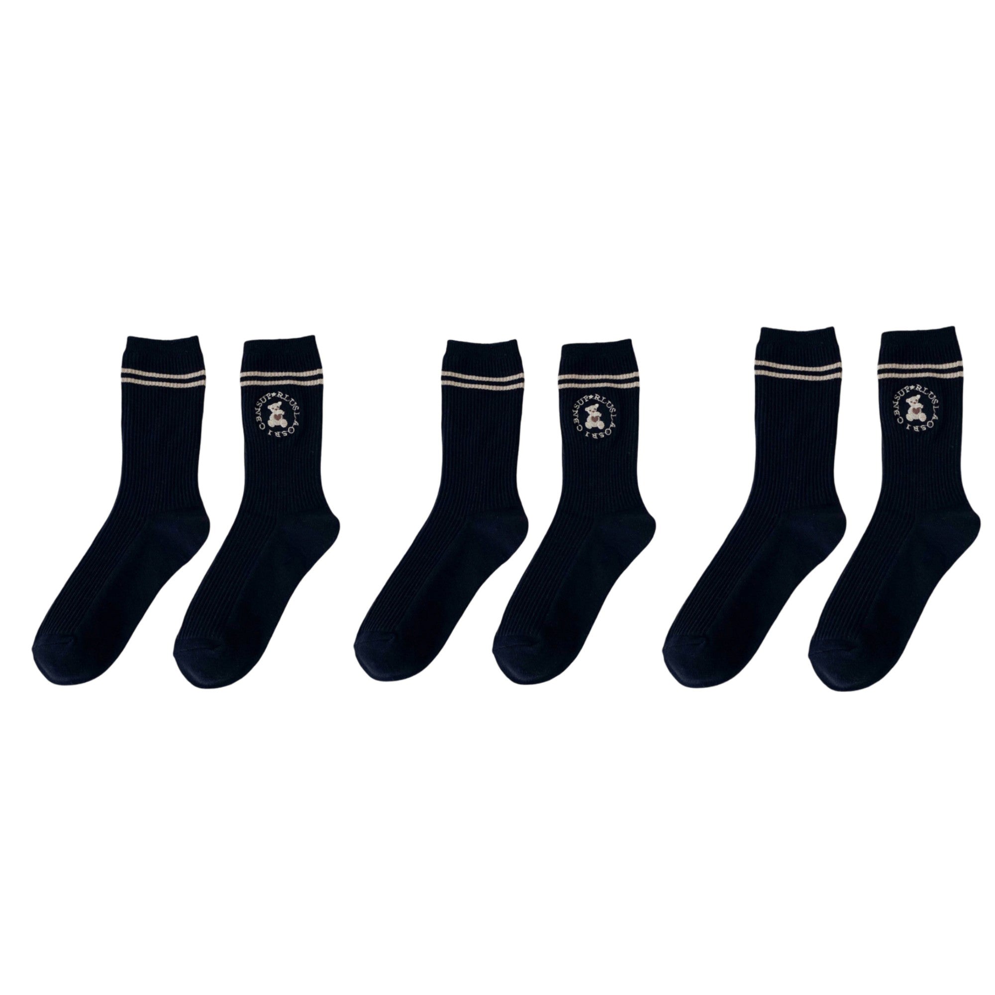 Anna-Kaci Women's 3-Pair Ribbed Crew Socks with Embroidered Teddy Graphic Stripe Detail Soft Knit Everyday Sock Set