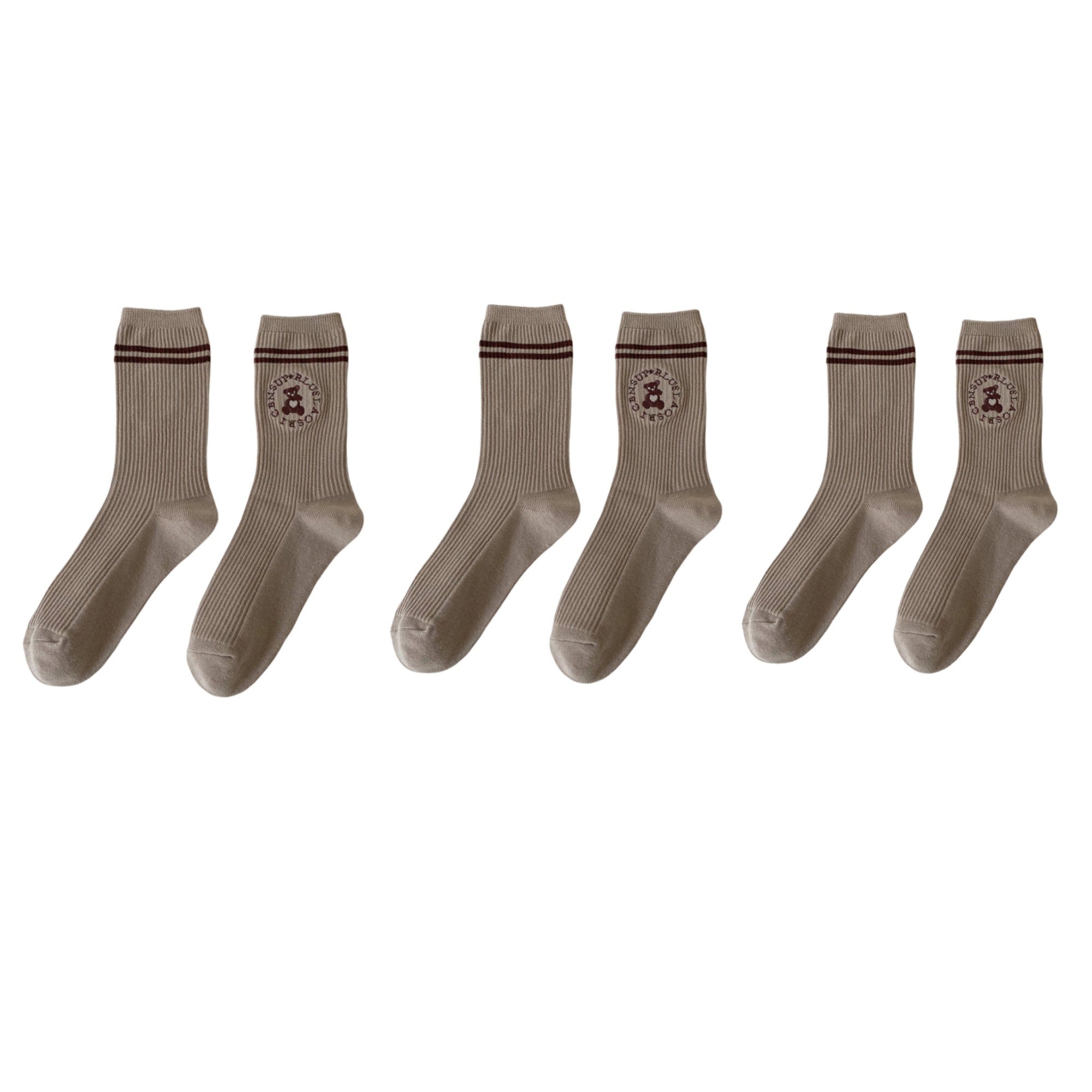 Anna-Kaci Women's 3-Pair Ribbed Crew Socks with Embroidered Teddy Graphic Stripe Detail Soft Knit Everyday Sock Set