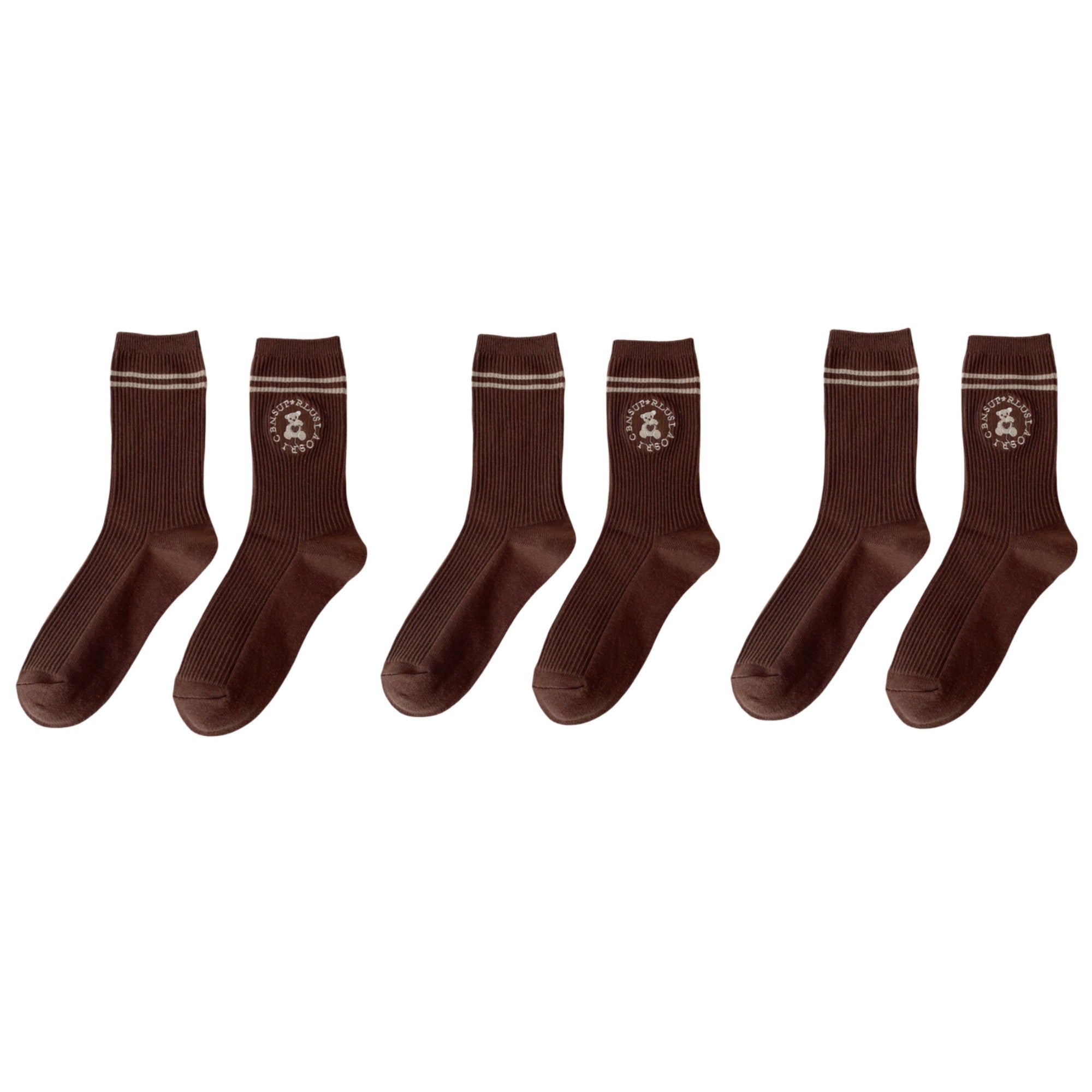 Anna-Kaci Women's 3-Pair Ribbed Crew Socks with Embroidered Teddy Graphic Stripe Detail Soft Knit Everyday Sock Set