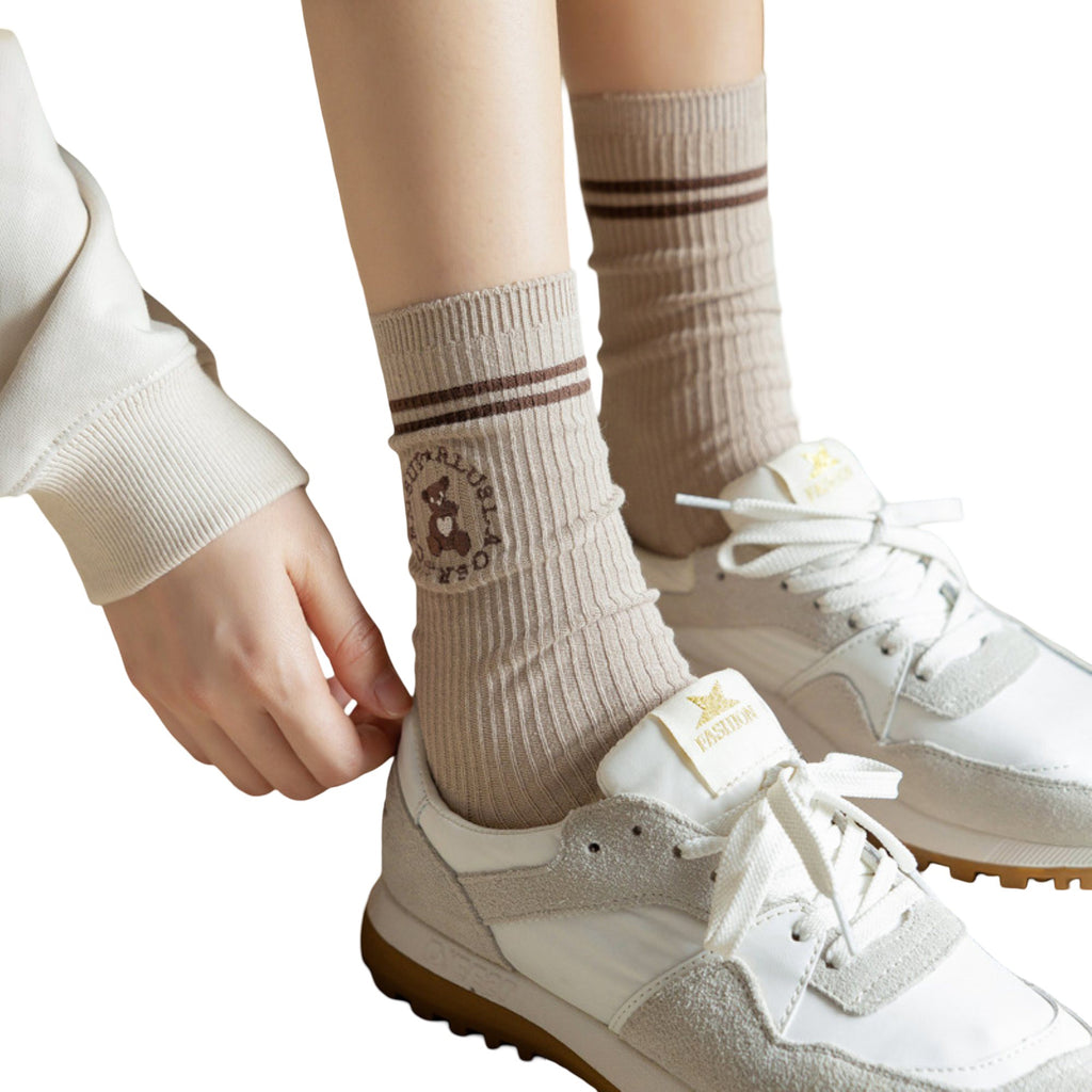 Anna-Kaci Women's 3-Pair Ribbed Crew Socks with Embroidered Teddy Graphic Stripe Detail Soft Knit Everyday Sock Set
