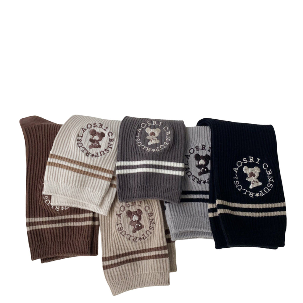 Anna-Kaci Women's 3-Pair Ribbed Crew Socks with Embroidered Teddy Graphic Stripe Detail Soft Knit Everyday Sock Set