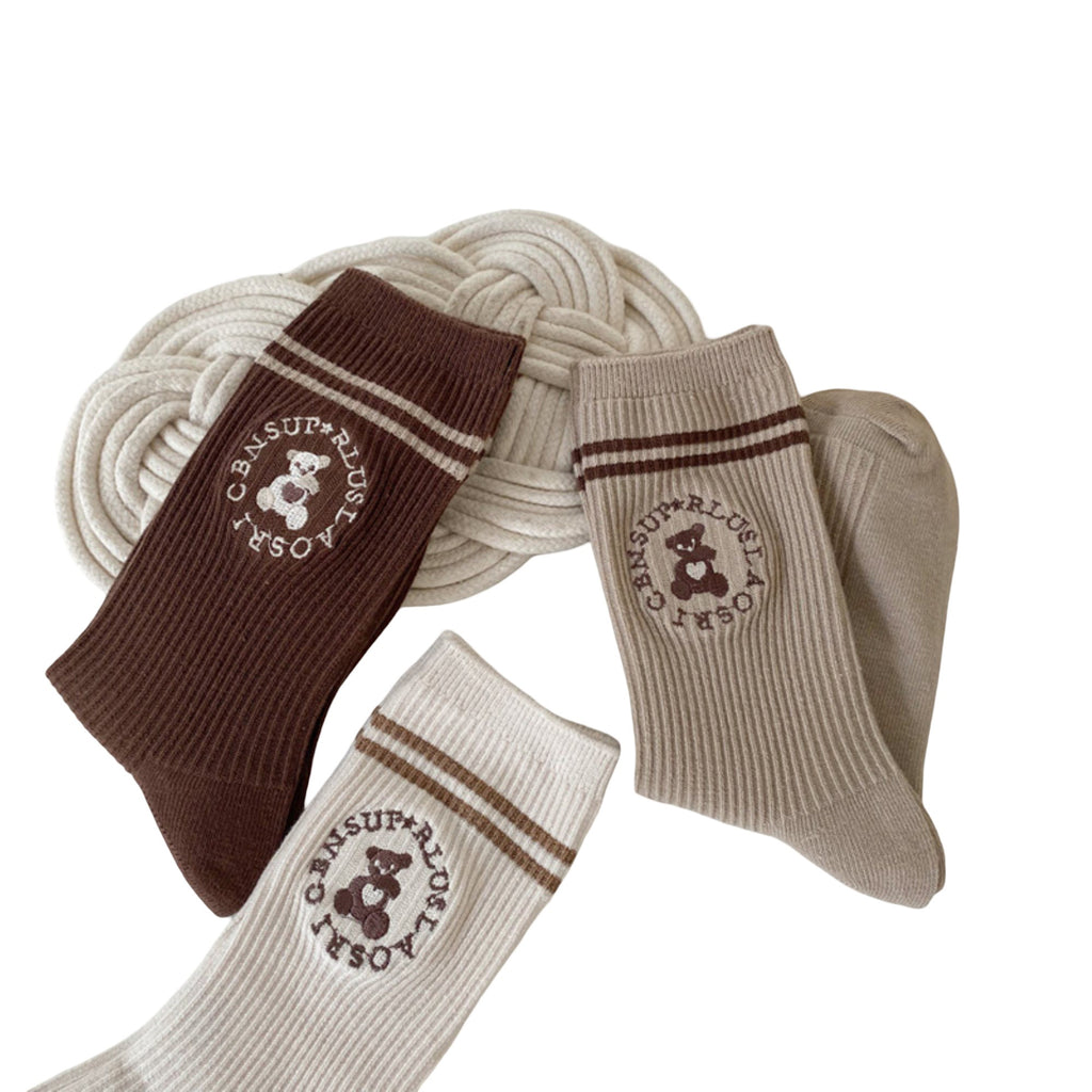 Anna-Kaci Women's 3-Pair Ribbed Crew Socks with Embroidered Teddy Graphic Stripe Detail Soft Knit Everyday Sock Set
