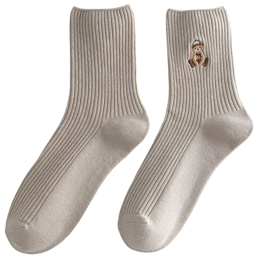 Anna-Kaci Women's 5-Pair Ribbed Crew Socks with Embroidered Teddy Bear Soft Knit Everyday Comfort Sock Set