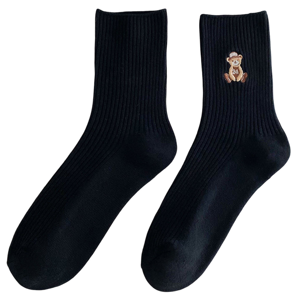 Anna-Kaci Women's 5-Pair Ribbed Crew Socks with Embroidered Teddy Bear Soft Knit Everyday Comfort Sock Set