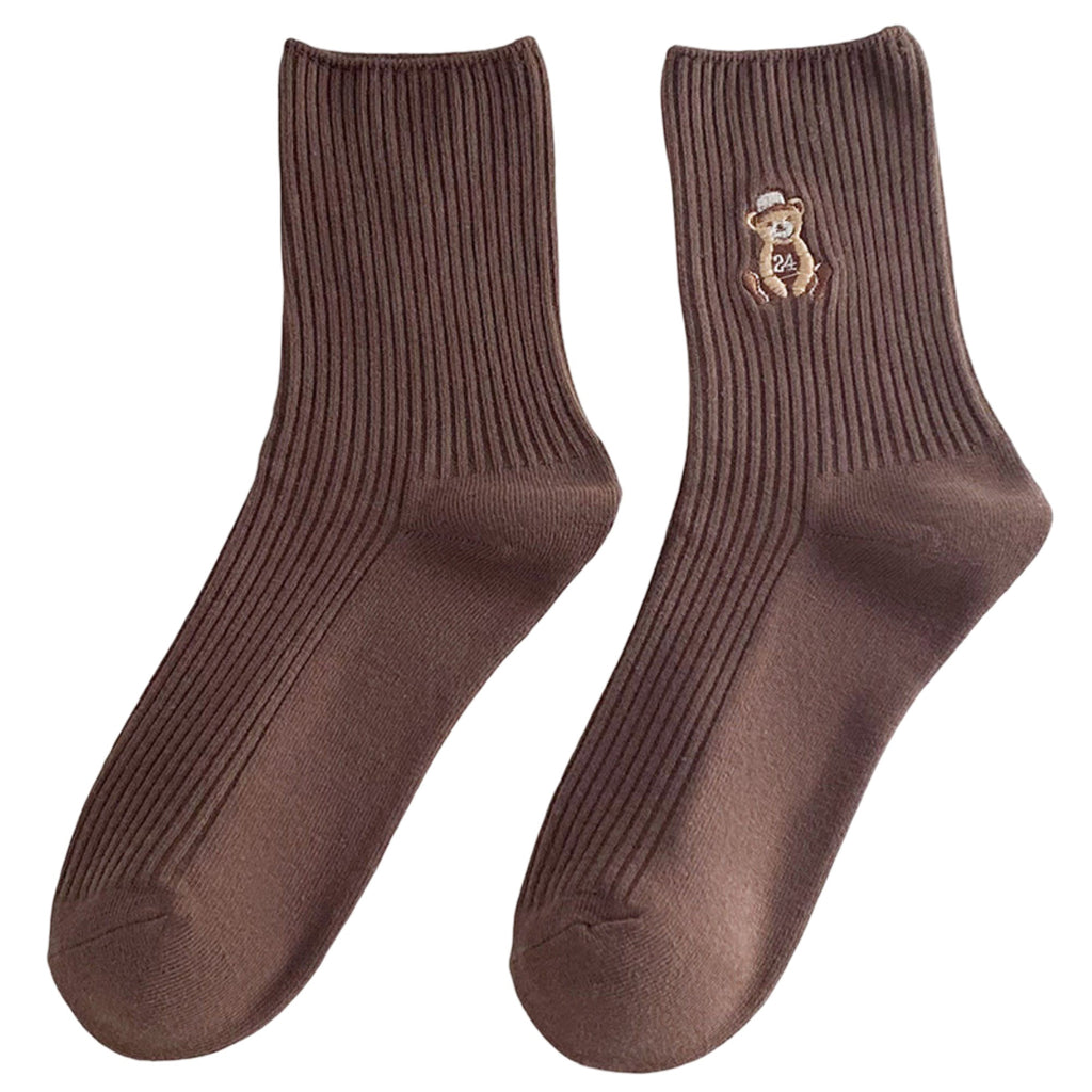 Anna-Kaci Women's 5-Pair Ribbed Crew Socks with Embroidered Teddy Bear Soft Knit Everyday Comfort Sock Set