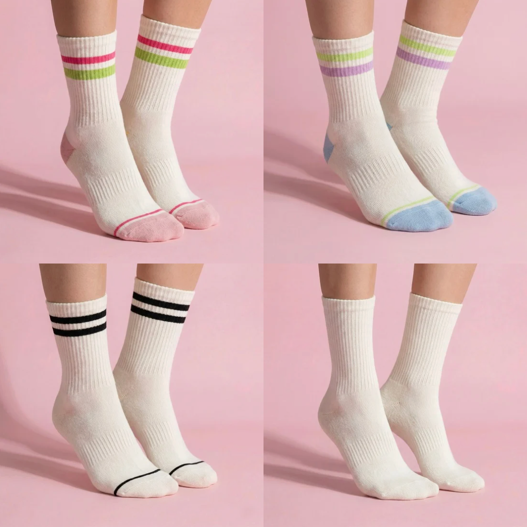 Anna-Kaci Women's 2-Pair Set Crew Athletic Socks with Striped Cuffs and Full Sole Grip for Yoga Fitness