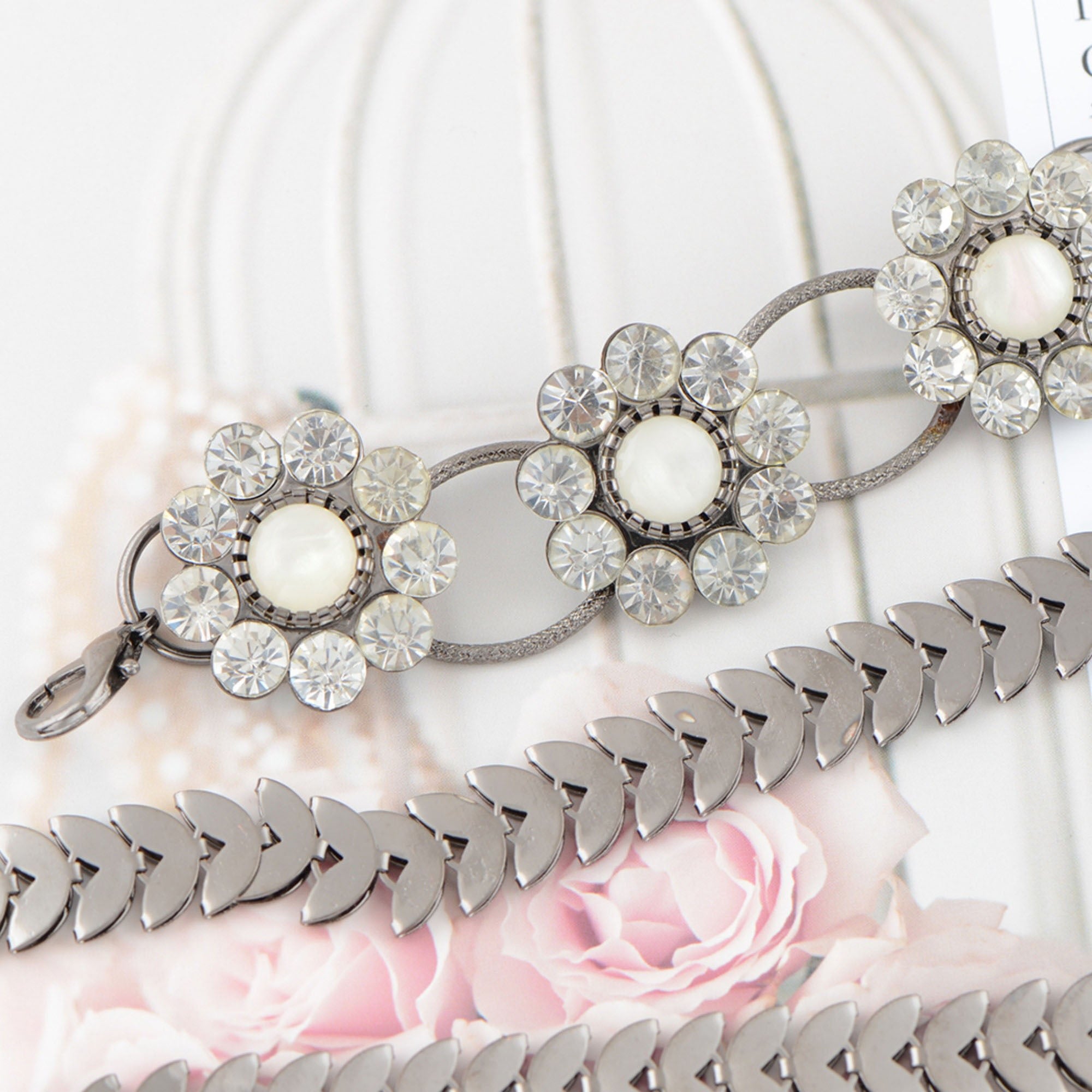 Anna-Kaci Women's Floral Waist Chain with Chevron Link Design and Crystal Accents