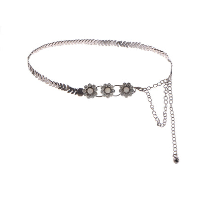 Anna-Kaci Women's Floral Waist Chain with Chevron Link Design and Crystal Accents