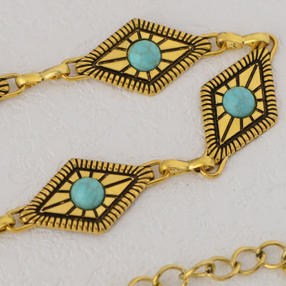 Anna-Kaci Women's Waist Chain Belt with Diamond-Shaped Links and Turquoise Stone Accents
