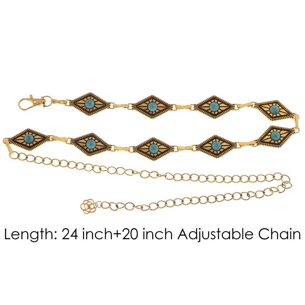 Anna-Kaci Women's Waist Chain Belt with Diamond-Shaped Links and Turquoise Stone Accents