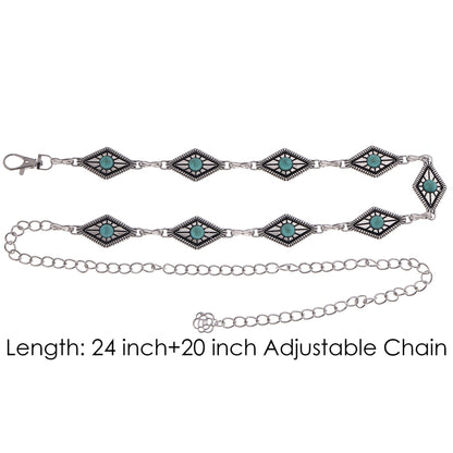 Anna-Kaci Women's Waist Chain Belt with Diamond-Shaped Links and Turquoise Stone Accents