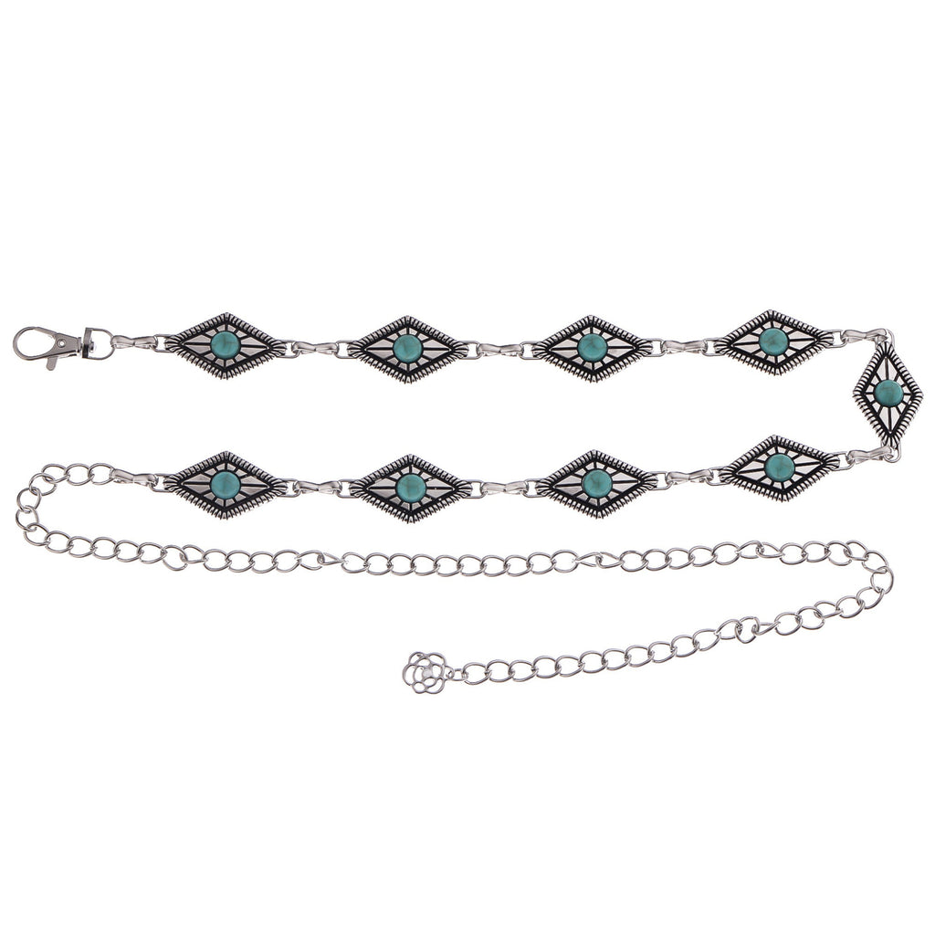 Anna-Kaci Women's Waist Chain Belt with Diamond-Shaped Links and Turquoise Stone Accents