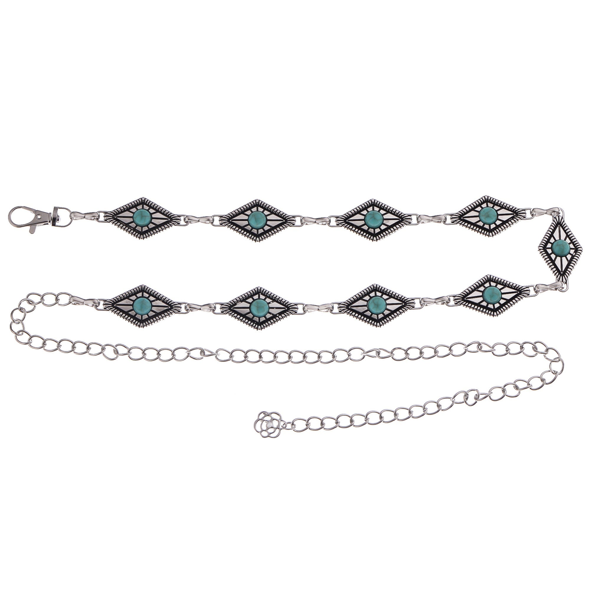 Anna-Kaci Women's Waist Chain Belt with Diamond-Shaped Links and Turquoise Stone Accents