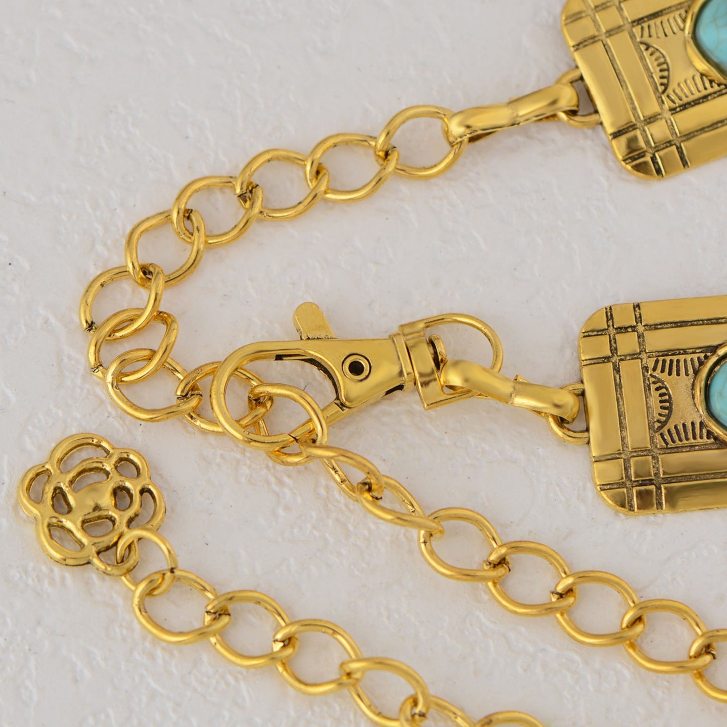 Anna-Kaci Women's Waist Chain Belt with Rectangular Links and Turquoise Stone Accents