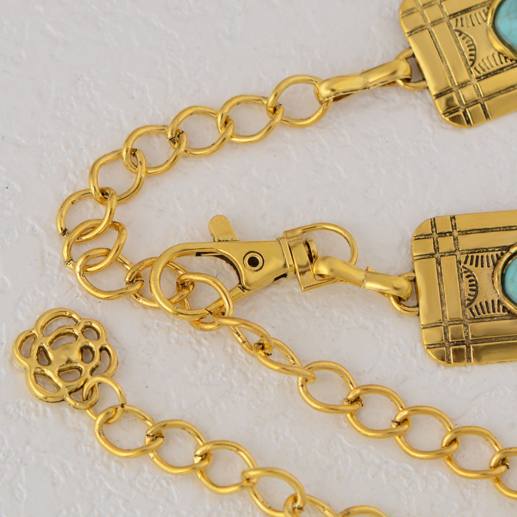 Anna-Kaci Women's Waist Chain Belt with Rectangular Links and Turquoise Stone Accents