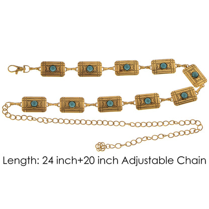Anna-Kaci Women's Waist Chain Belt with Rectangular Links and Turquoise Stone Accents