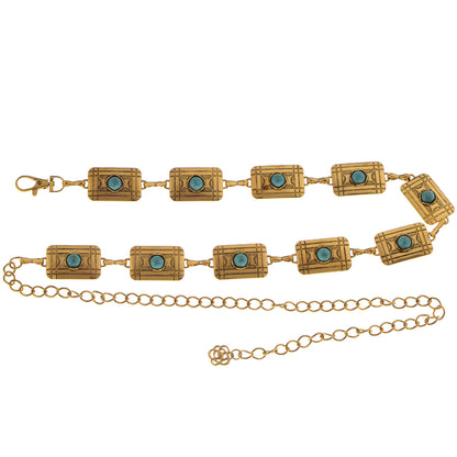 Anna-Kaci Women's Waist Chain Belt with Rectangular Links and Turquoise Stone Accents