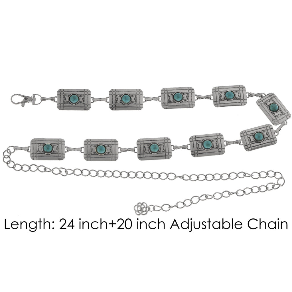 Anna-Kaci Women's Waist Chain Belt with Rectangular Links and Turquoise Stone Accents