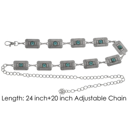Anna-Kaci Women's Waist Chain Belt with Rectangular Links and Turquoise Stone Accents