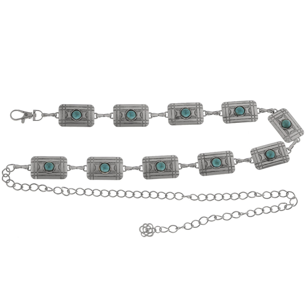 Anna-Kaci Women's Waist Chain Belt with Rectangular Links and Turquoise Stone Accents
