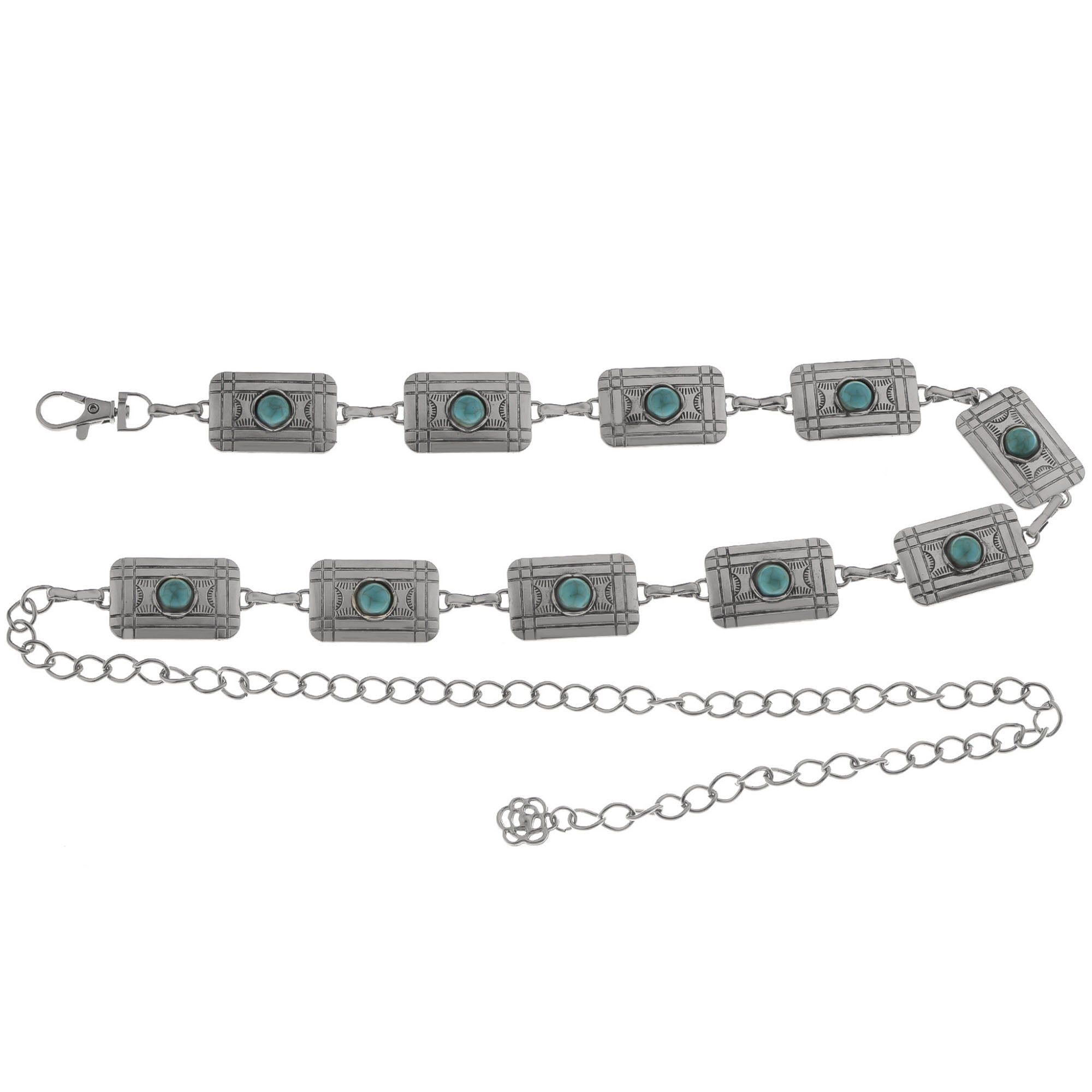 Anna-Kaci Women's Waist Chain Belt with Rectangular Links and Turquoise Stone Accents