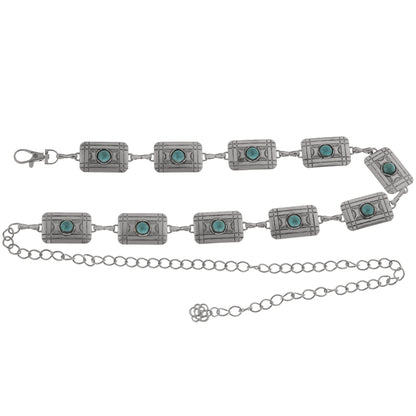 Anna-Kaci Women's Waist Chain Belt with Rectangular Links and Turquoise Stone Accents
