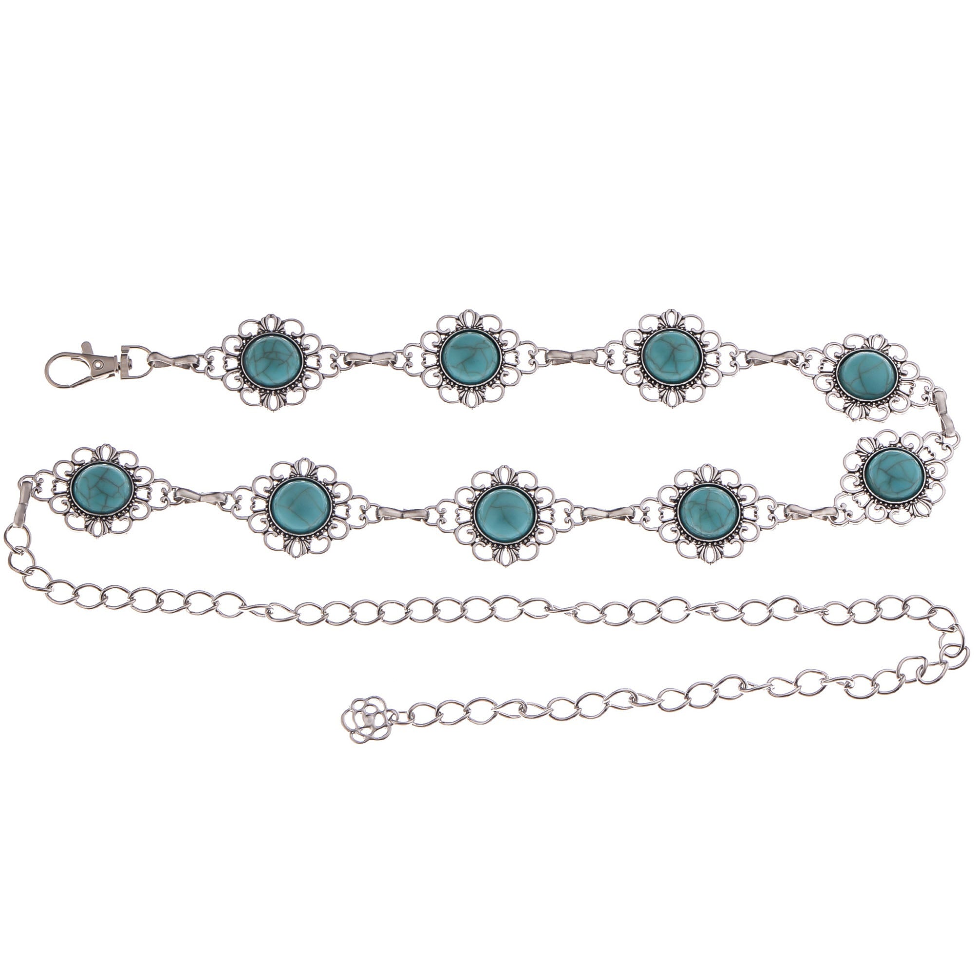 Anna-Kaci Women's Waist Chain Belt with Floral Links and Turquoise Stone Accents