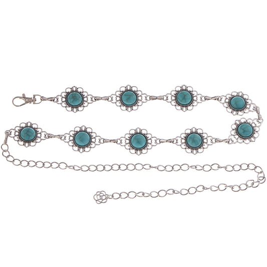 Anna-Kaci Women's Waist Chain Belt with Floral Links and Turquoise Stone Accents