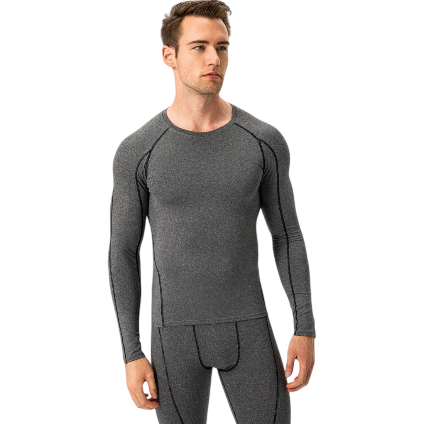 Anna-Kaci Active Men's Long Sleeve Compression Training Shirt with Crew Neck and Contrast Stitching Detail