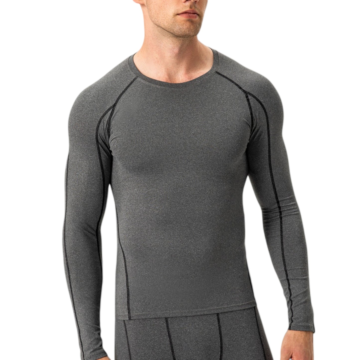 Anna-Kaci Active Men's Long Sleeve Compression Training Shirt with Crew Neck and Contrast Stitching Detail