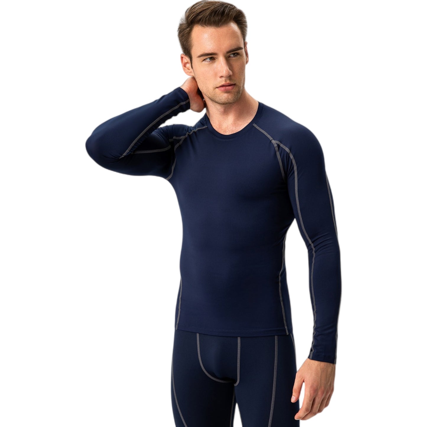Anna-Kaci Active Men's Long Sleeve Compression Training Shirt with Crew Neck and Contrast Stitching Detail