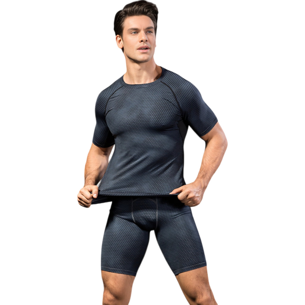Anna-Kaci Active Men's Honeycomb Textured Compression Shirt with Short Sleeves and Stretch Fit
