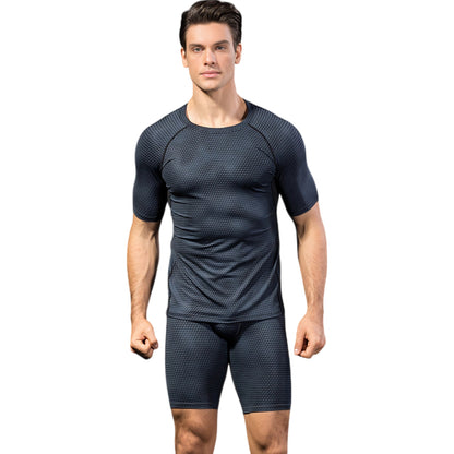 Anna-Kaci Active Men's Honeycomb Textured Compression Shirt with Short Sleeves and Stretch Fit