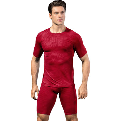 Anna-Kaci Active Men's Honeycomb Textured Compression Shirt with Short Sleeves and Stretch Fit