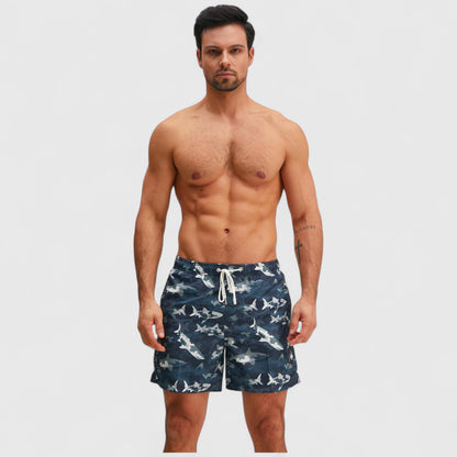 Anna-Kaci Men's Shark Camo Print Swim Trunks with Adjustable Drawstring and Side Pockets